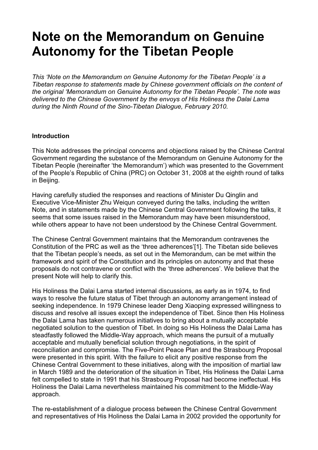 Note on the Memorandum on Genuine Autonomy for the Tibetan People