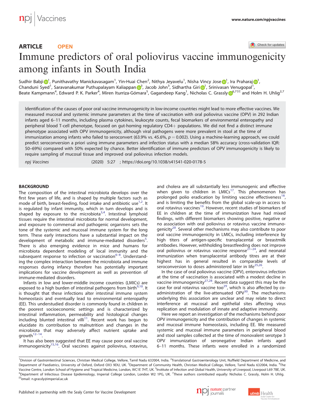Immune Predictors of Oral Poliovirus Vaccine Immunogenicity Among Infants in South India