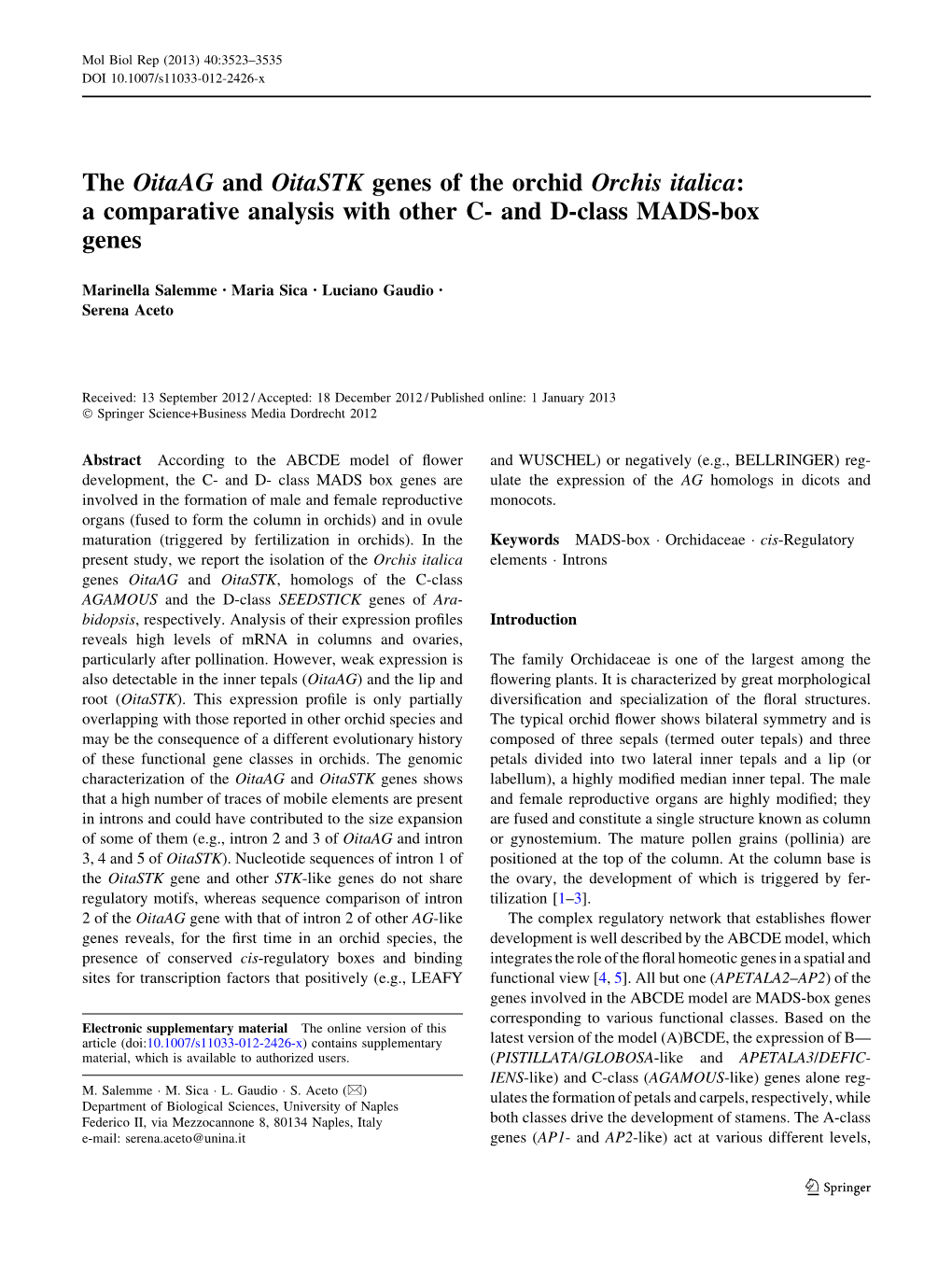 The Oitaag and Oitastk Genes of the Orchid Orchis Italica: a Comparative Analysis with Other C- and D-Class MADS-Box Genes