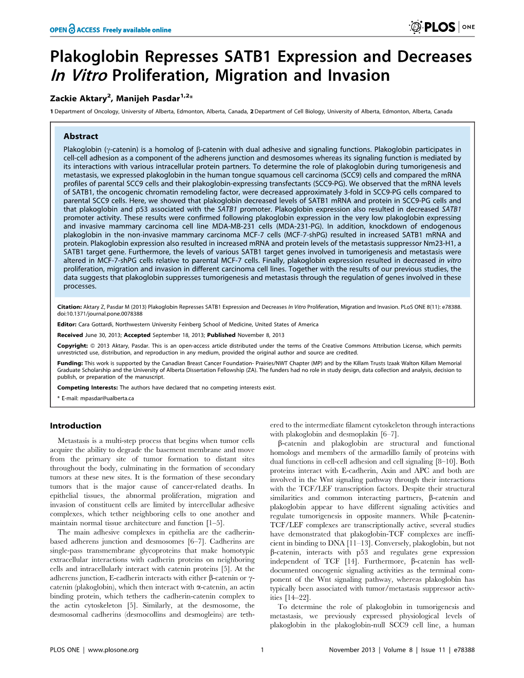 Plakoglobin Represses SATB1 Expression and Decreases in Vitro Proliferation, Migration and Invasion