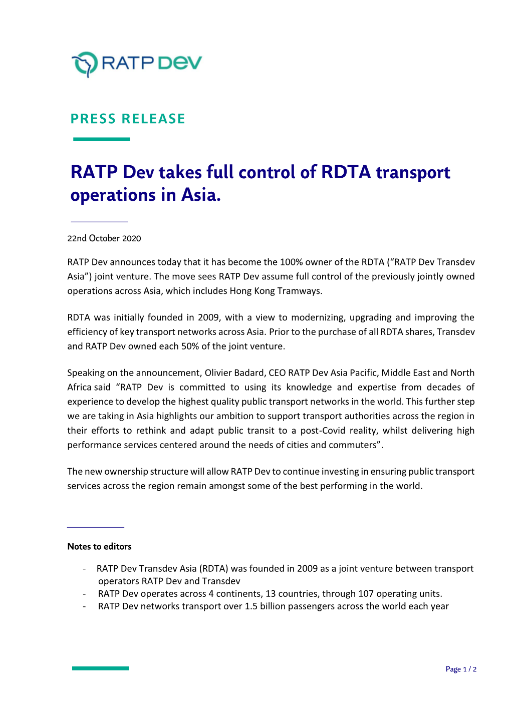 RATP Dev Takes Full Control of RDTA Transport Operations in Asia