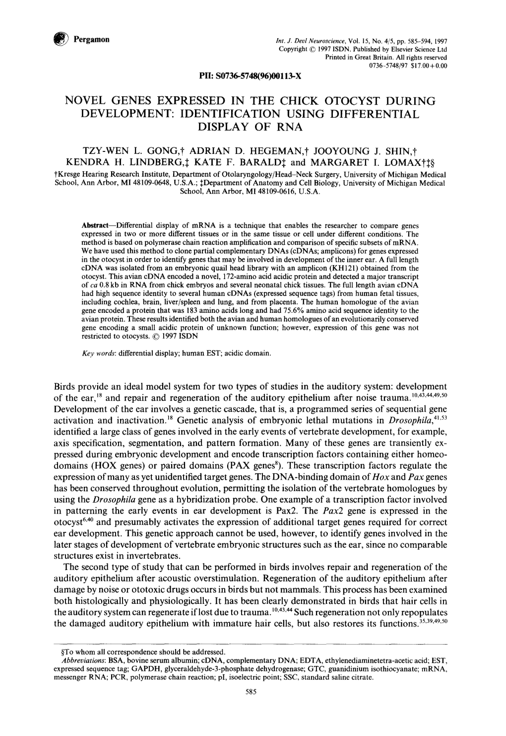 Novel Genes Expressed in the Chick Otocyst During Development: Identification Using Differential Display of Rna