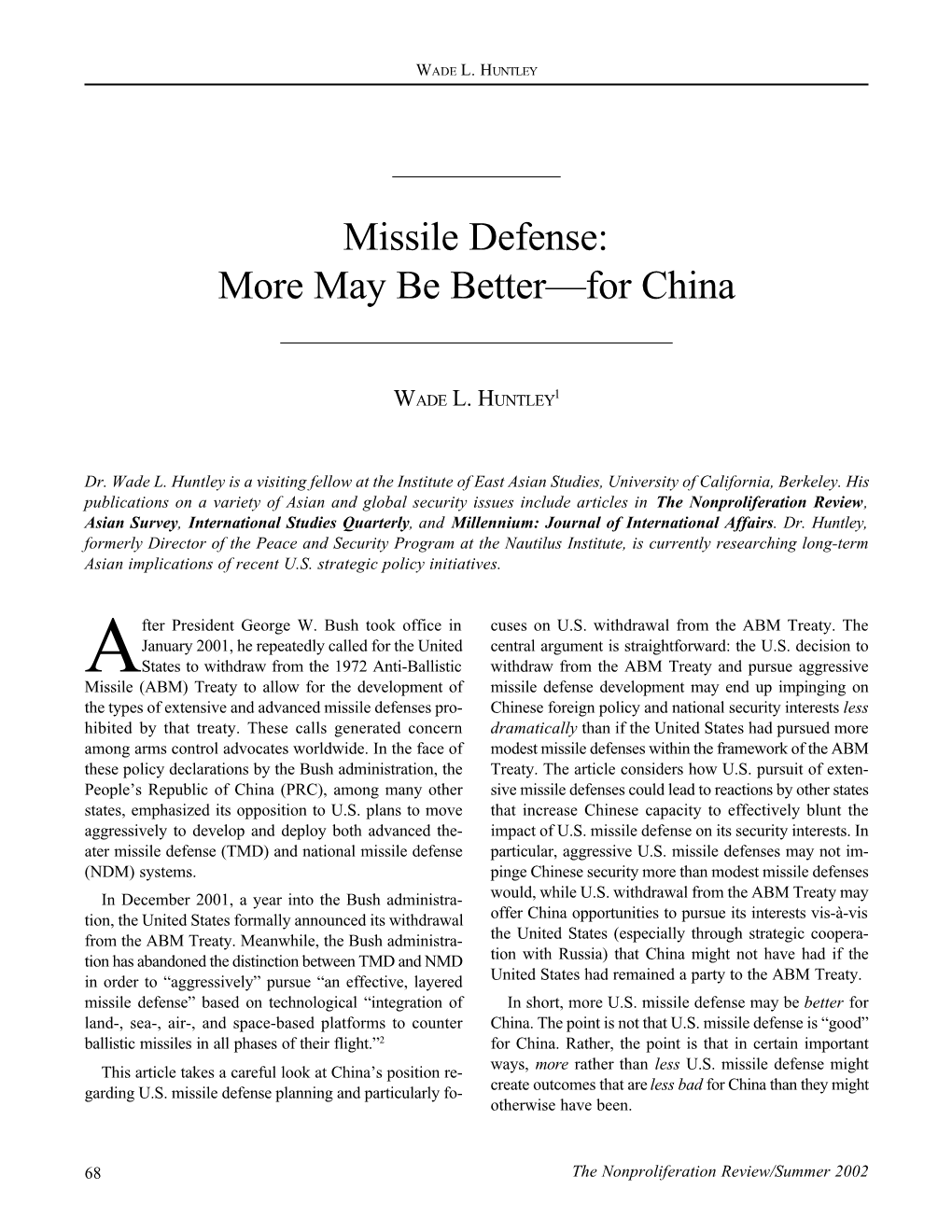 NPR 9.2: Article: Missile Defense: More May Be Better—For China