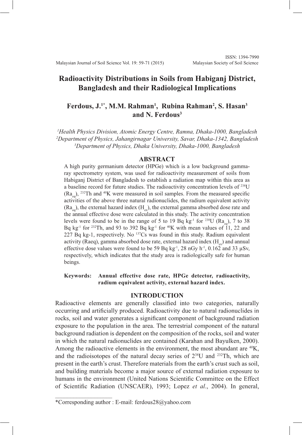 Radioactivity Distributions in Soils from Habiganj District, Bangladesh and Their Radiological Implications