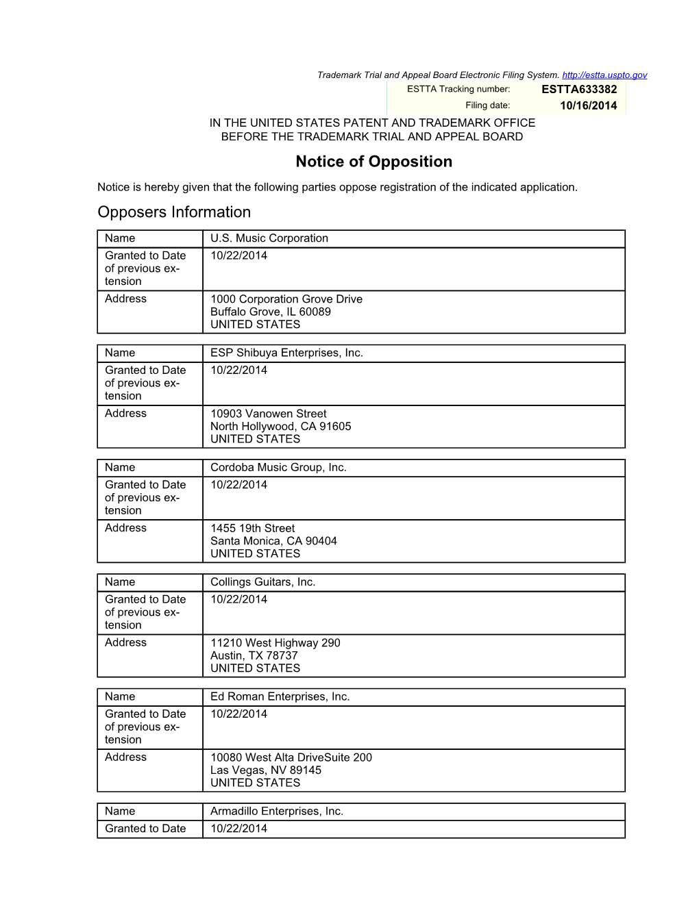 Notice of Opposition Opposers Information