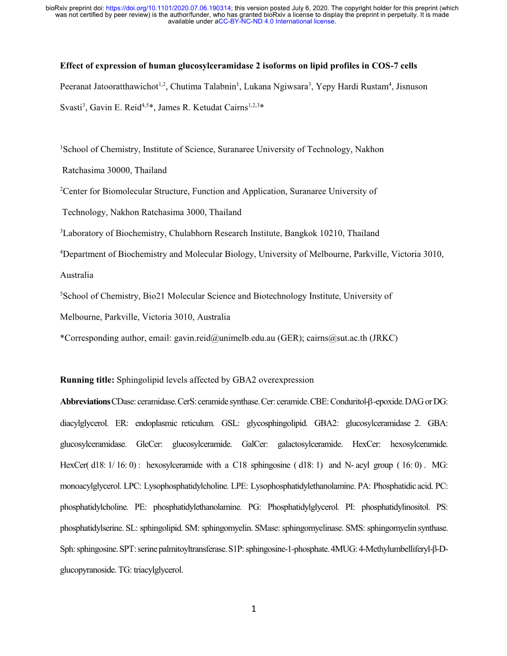 Effect of Expression of Human Glucosylceramidase 2 Isoforms on Lipid Profiles in COS-7 Cells