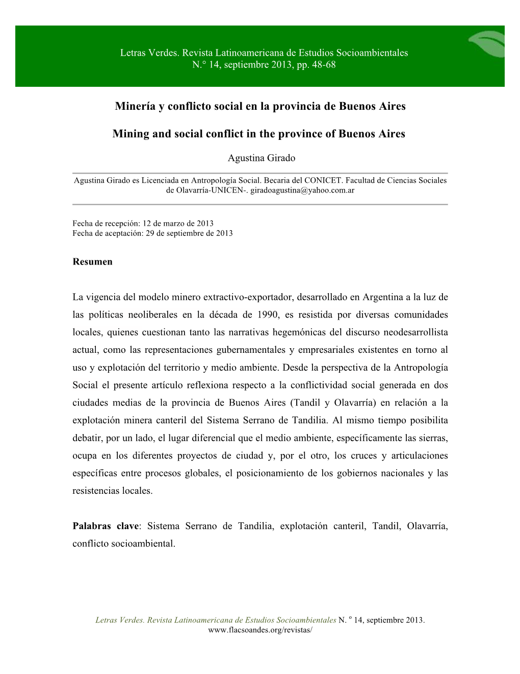 Minería Y Conflicto Social En La Provincia De Buenos Aires Mining and Social Conflict in the Province of Buenos Aires