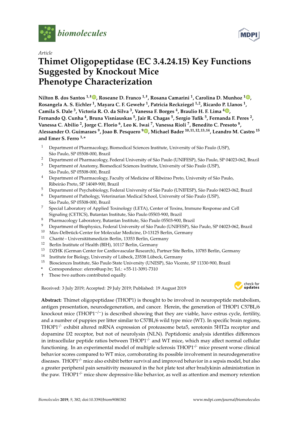 Thimet Oligopeptidase (EC 3.4.24.15) Key Functions Suggested by Knockout Mice Phenotype Characterization