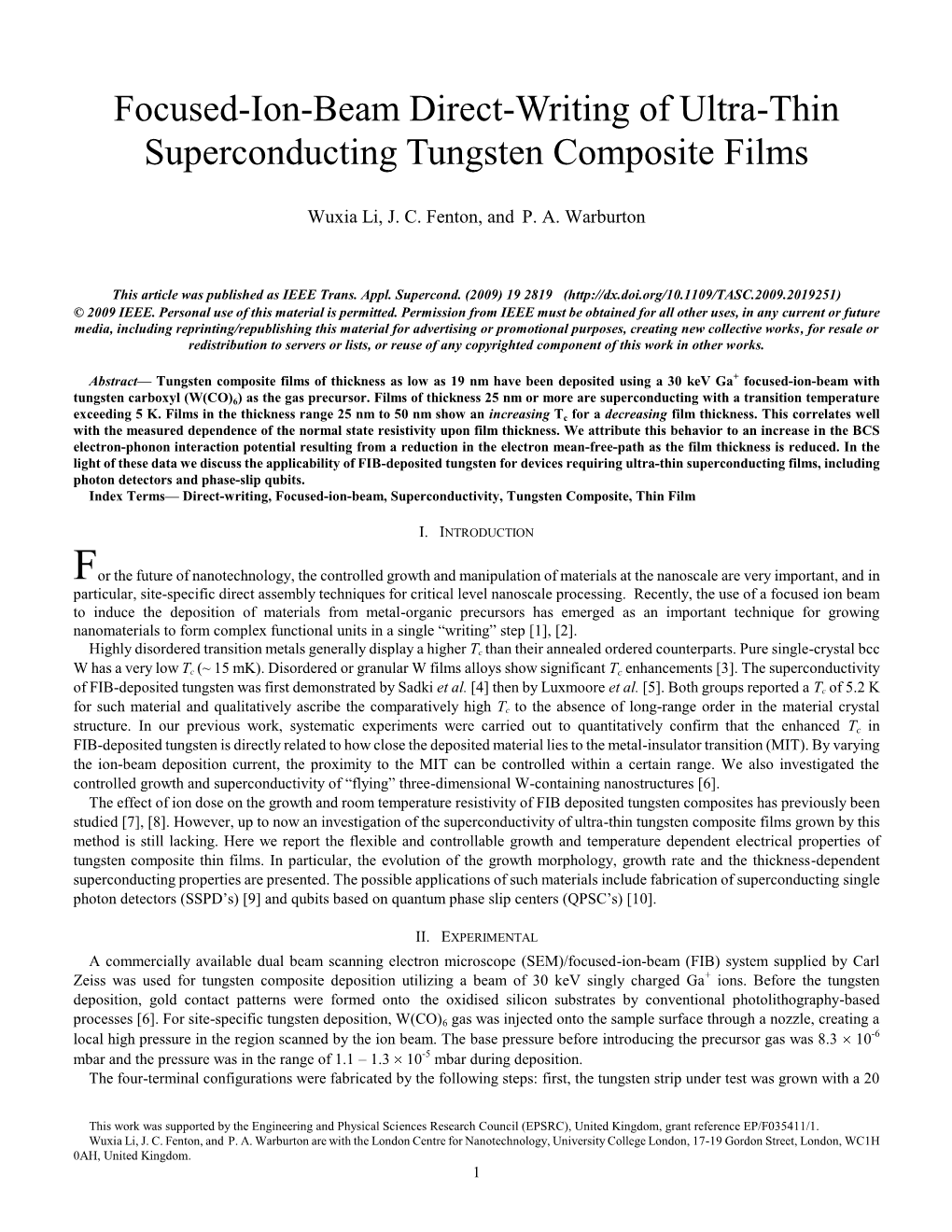 Focused-Ion-Beam Direct-Writing of Ultra-Thin Superconducting Tungsten Composite Films
