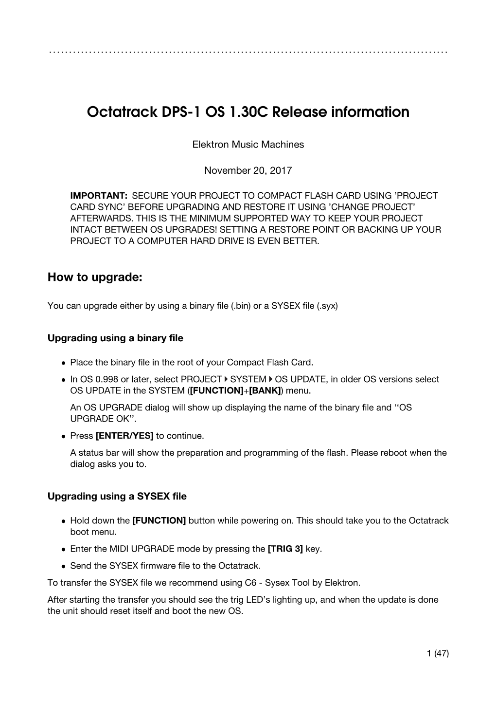 Octatrack DPS-1 OS 1.30C Release Information