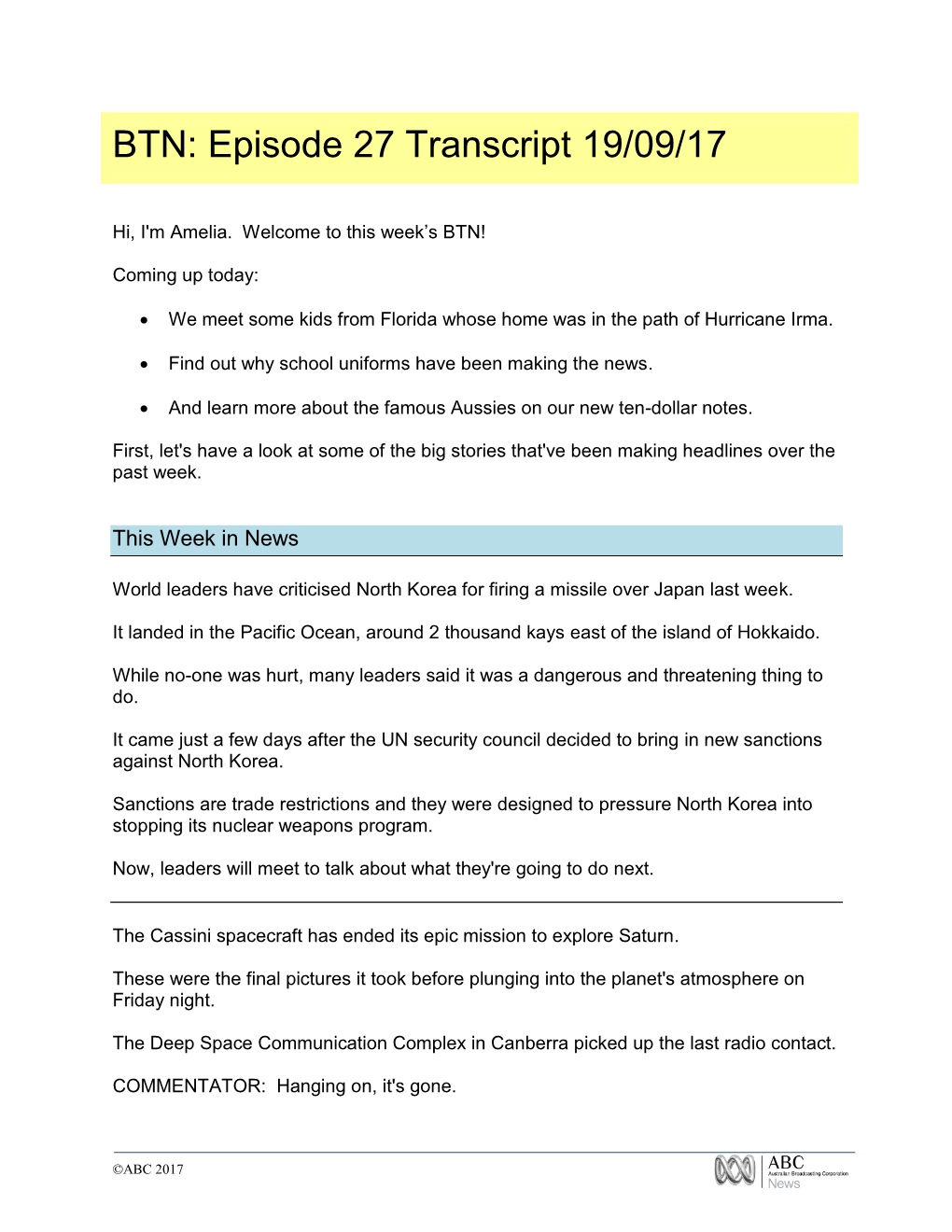 BTN: Episode 27 Transcript 19/09/17