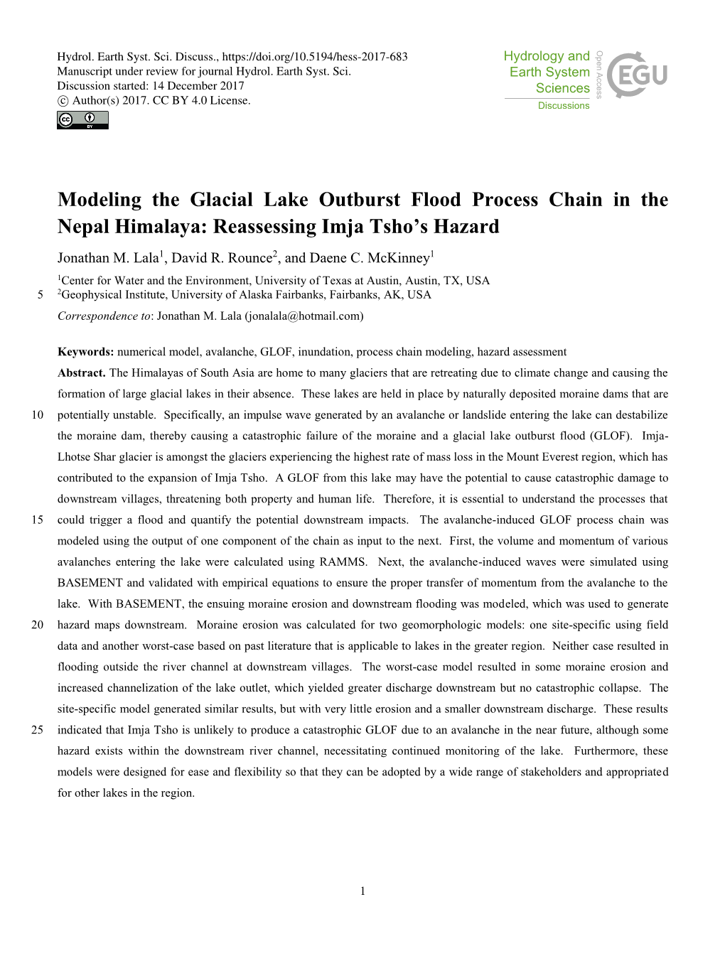 Modeling the Glacial Lake Outburst Flood Process Chain in the Nepal Himalaya: Reassessing Imja Tsho’S Hazard Jonathan M