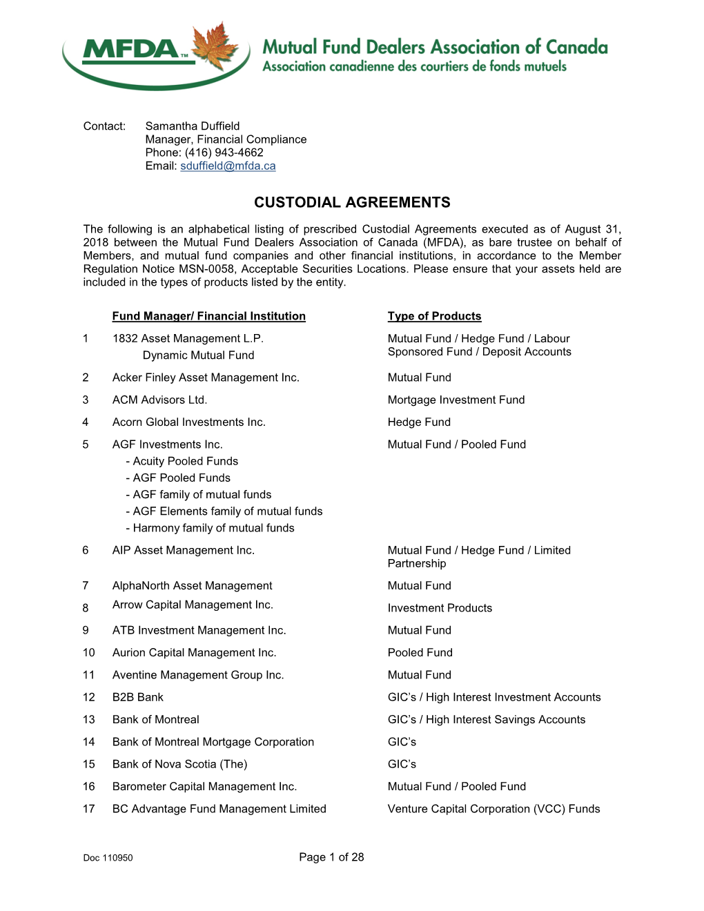 Custodial Agreements Executed As of August 31, 2018 Between the Mutual Fund Dealers Association of Canada (MFDA), As Bare Truste