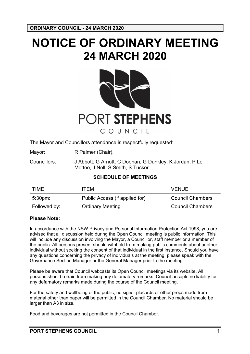 24 March 2020 Notice of Ordinary Meeting 24 March 2020