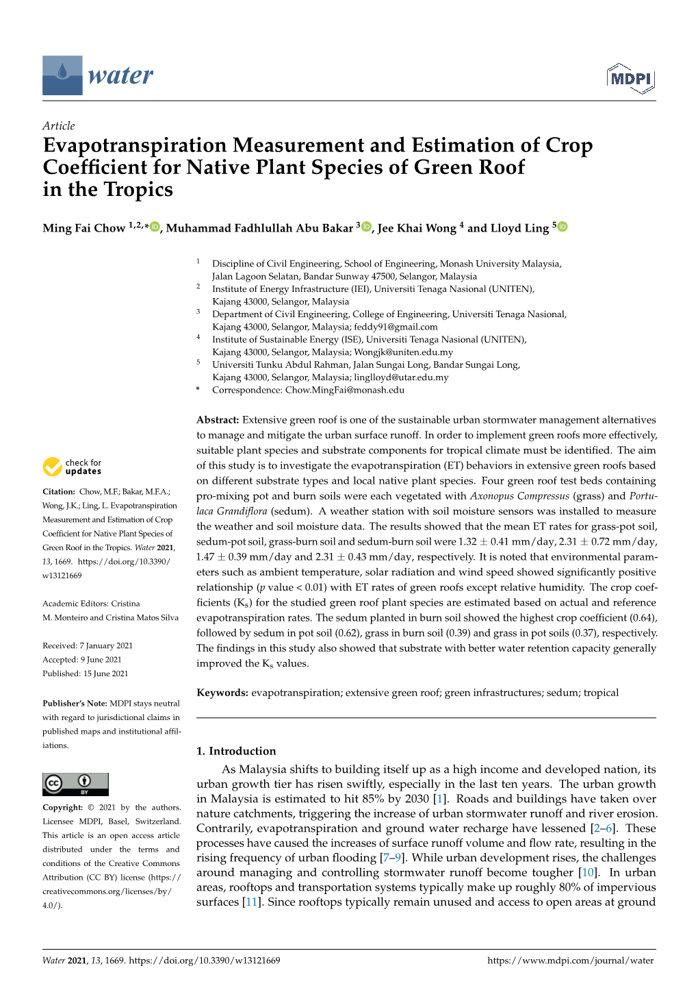 Evapotranspiration Measurement and Estimation of Crop Coefficient for Native Plant Species of Green Roof in the Tropics