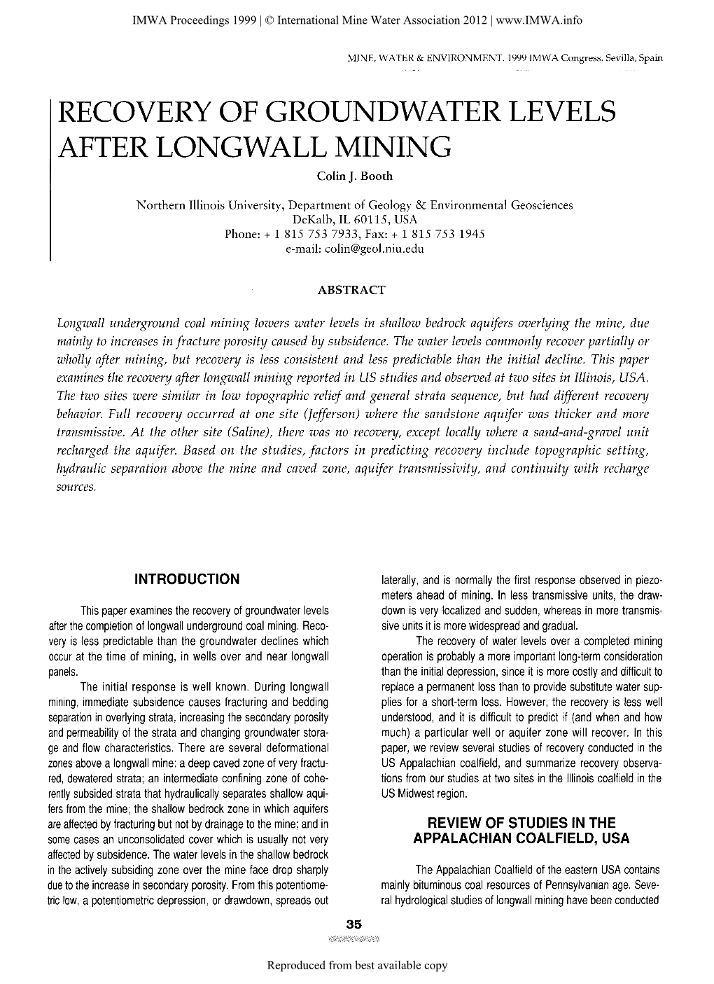 RECOVERY of GROUNDWATER LEVELS AFTER LONGWALL MINING Colin J