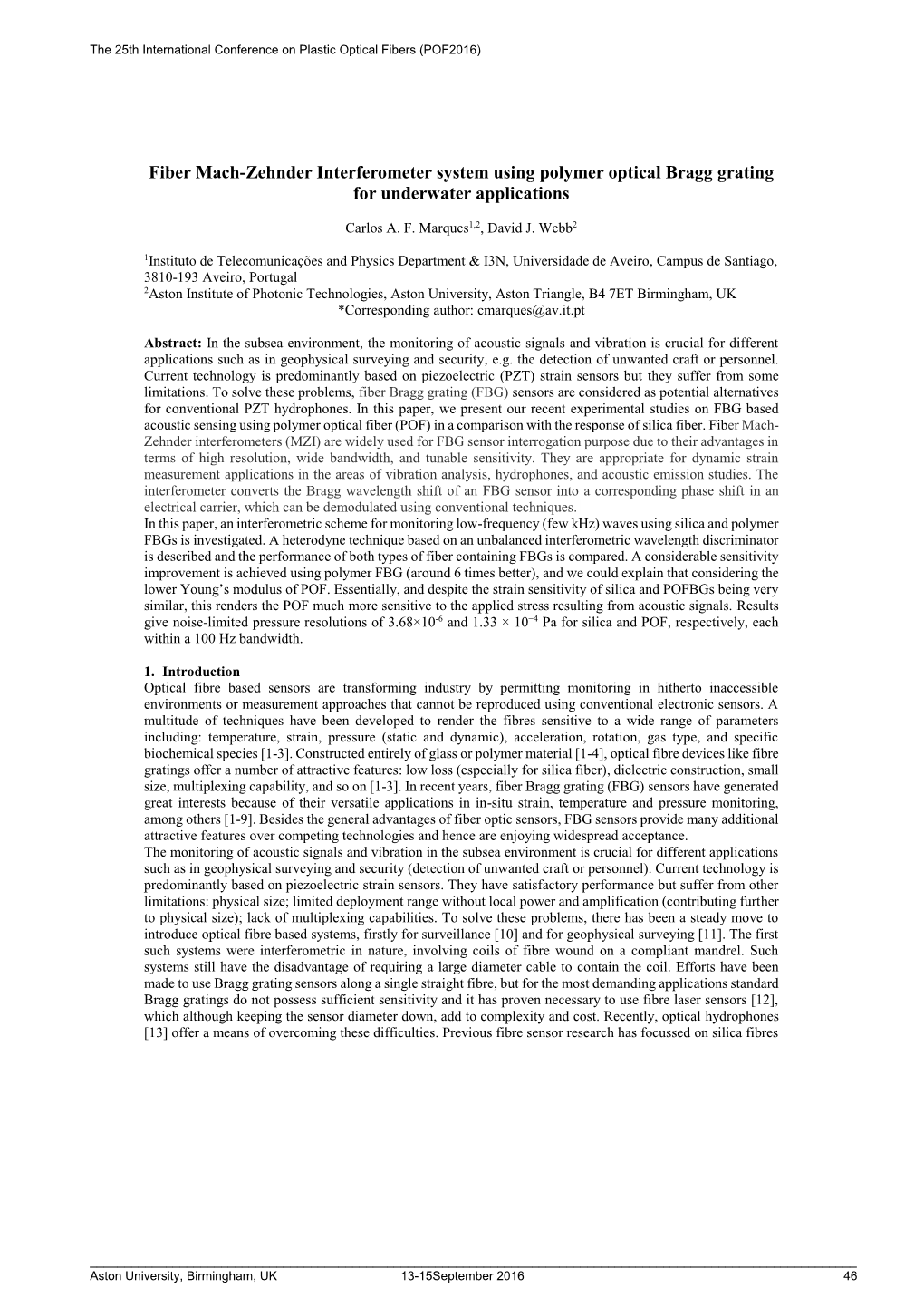 Fiber Mach-Zehnder Interferometer System Using Polymer Optical Bragg Grating for Underwater Applications