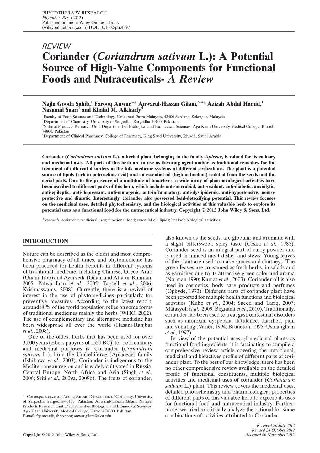 Coriander (Coriandrum Sativum L.): a Potential Source of Highvalue Components for Functional Foods and Nutraceuticals a Review