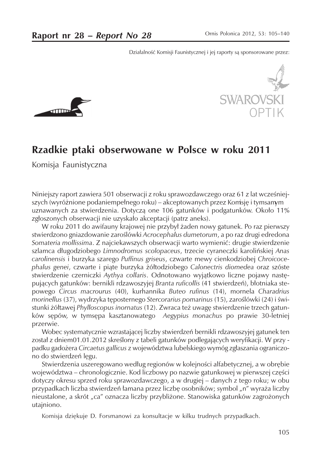 Rzadkie Ptaki Obserwowane W Polsce W Roku 2011 Komisja Faunistyczna