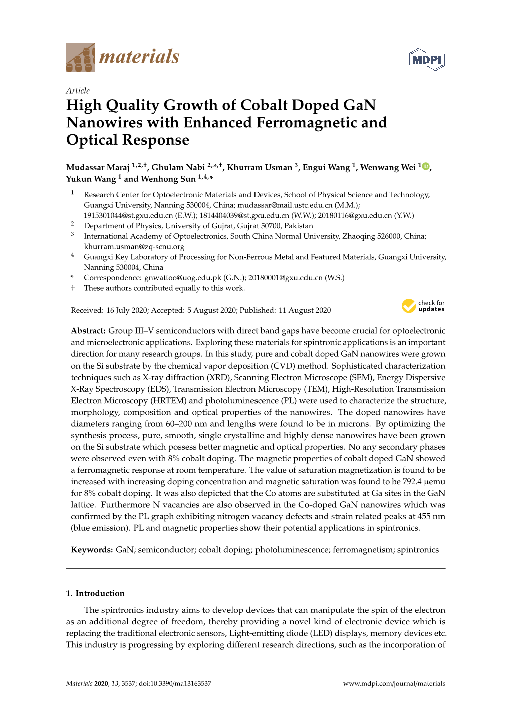 High Quality Growth of Cobalt Doped Gan Nanowires with Enhanced Ferromagnetic and Optical Response