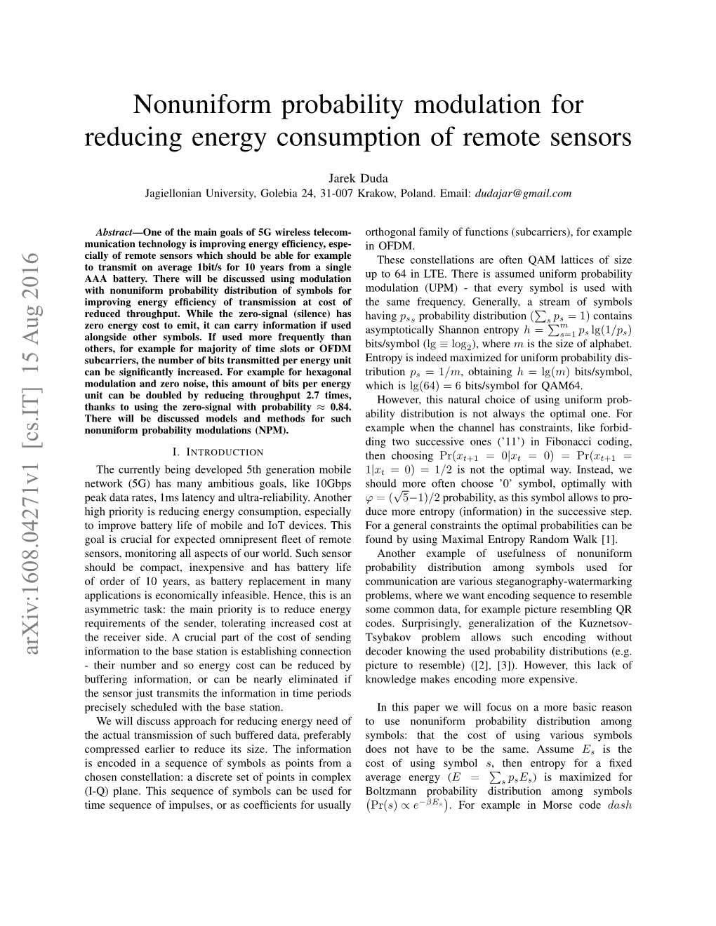 Nonuniform Probability Modulation for Reducing Energy Consumption of Remote Sensors