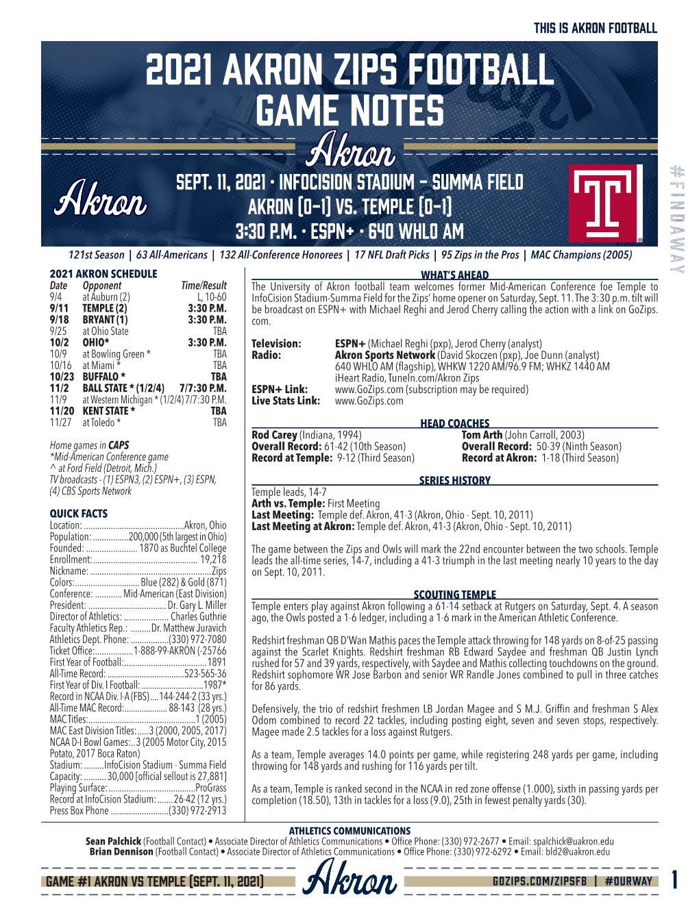 2021 Akron Zips Football Game Notes #Findaway Sept