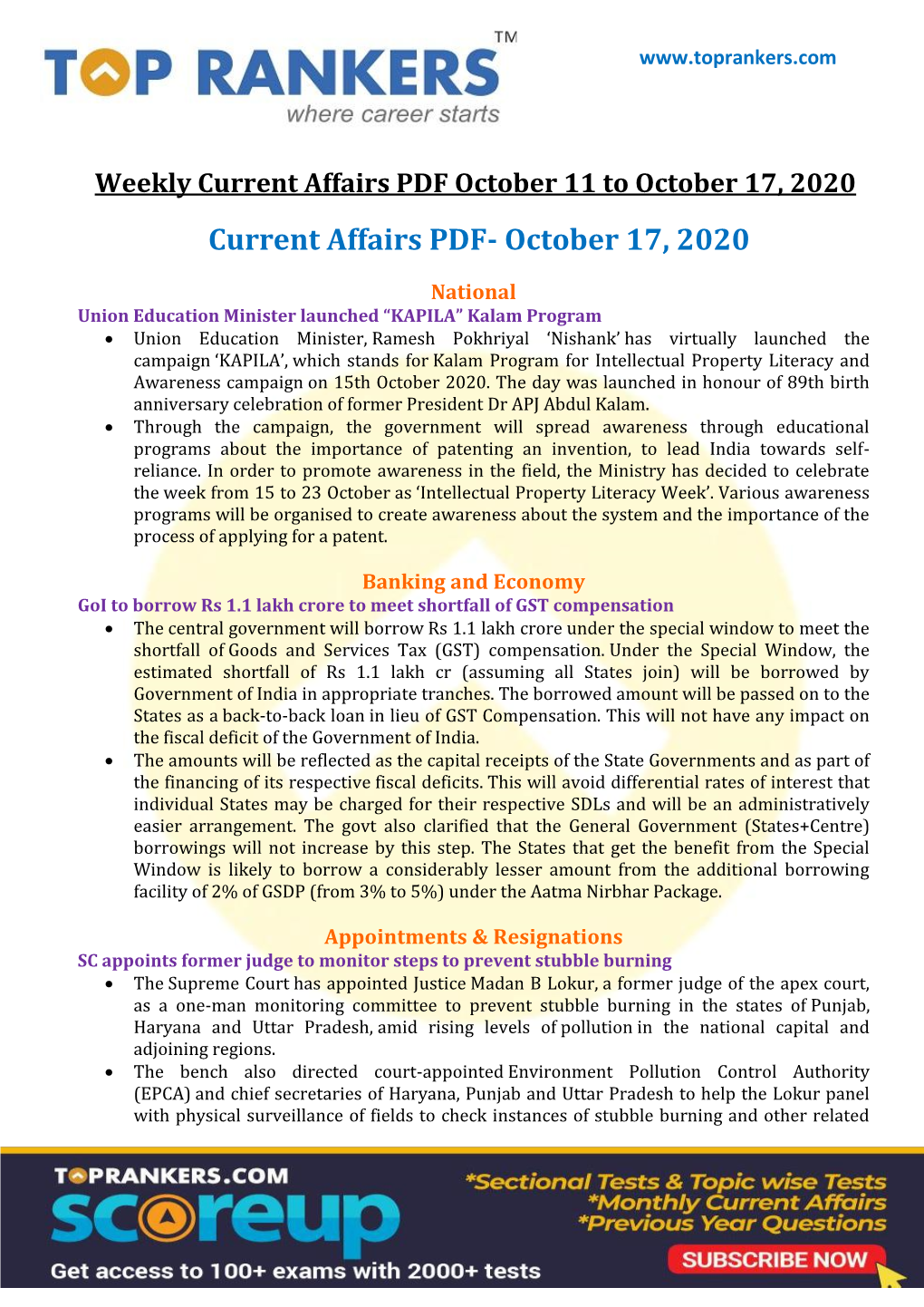 Current Affairs PDF October 11 to October 17, 2020