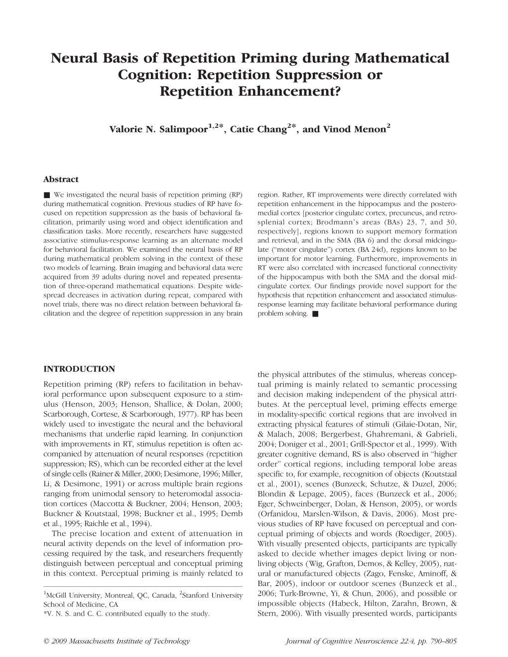 Neural Basis of Repetition Priming During Mathematical Cognition: Repetition Suppression Or Repetition Enhancement?