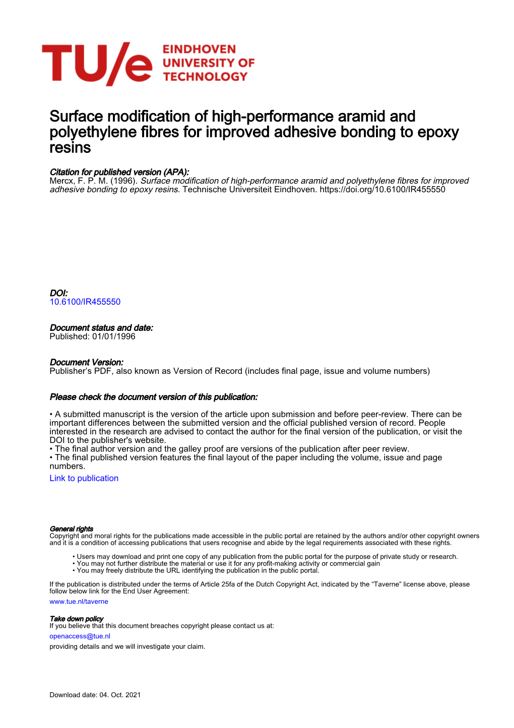 Surface Modification of High-Performance Aramid and Polyethylene Fibres for Improved Adhesive Bonding to Epoxy Resins