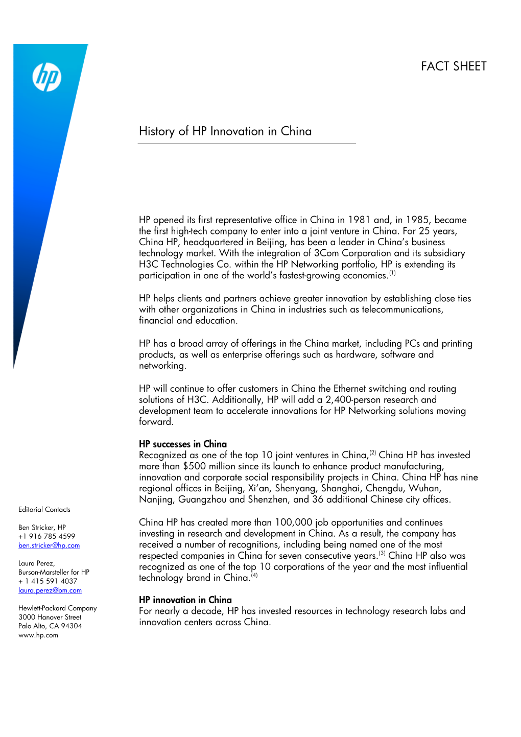 FACT SHEET History of HP Innovation in China