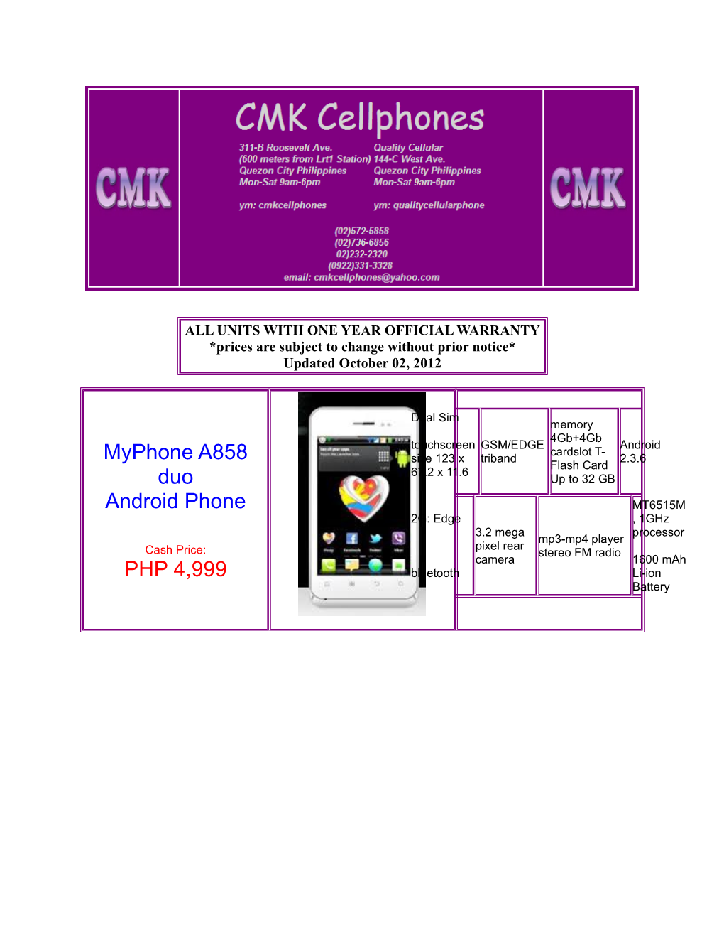 Myphone A858 Duo Android Phone PHP 4,999