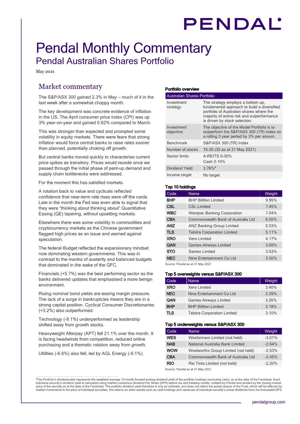 Pendal Monthly Commentary Pendal Australian Shares Portfolio May 2021