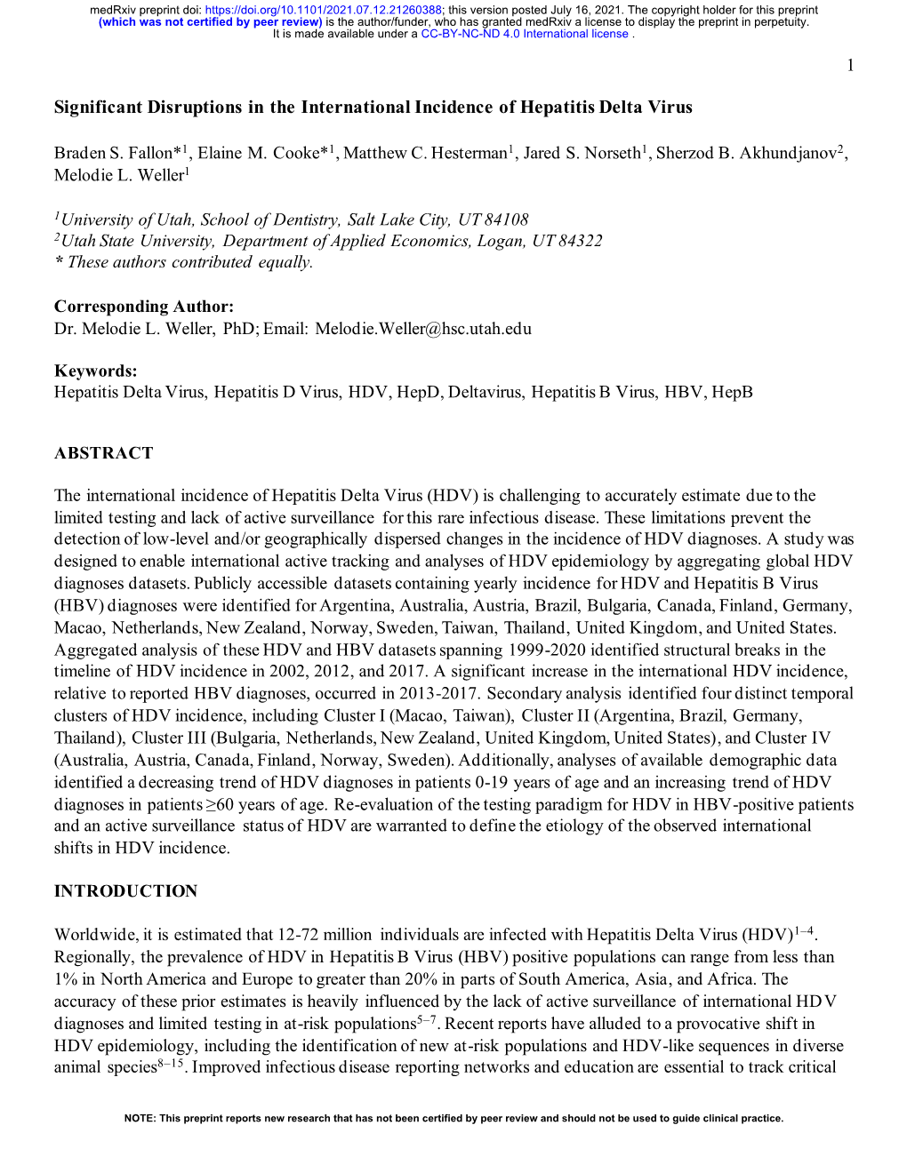 Significant Disruptions in the International Incidence of Hepatitis Delta Virus