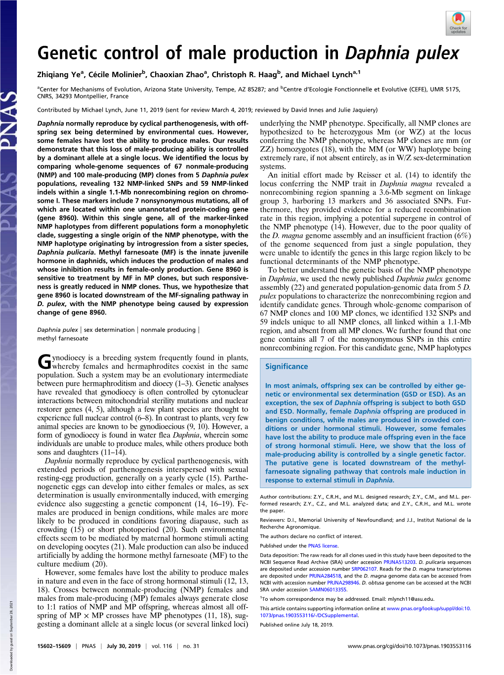 Genetic Control of Male Production in Daphnia Pulex