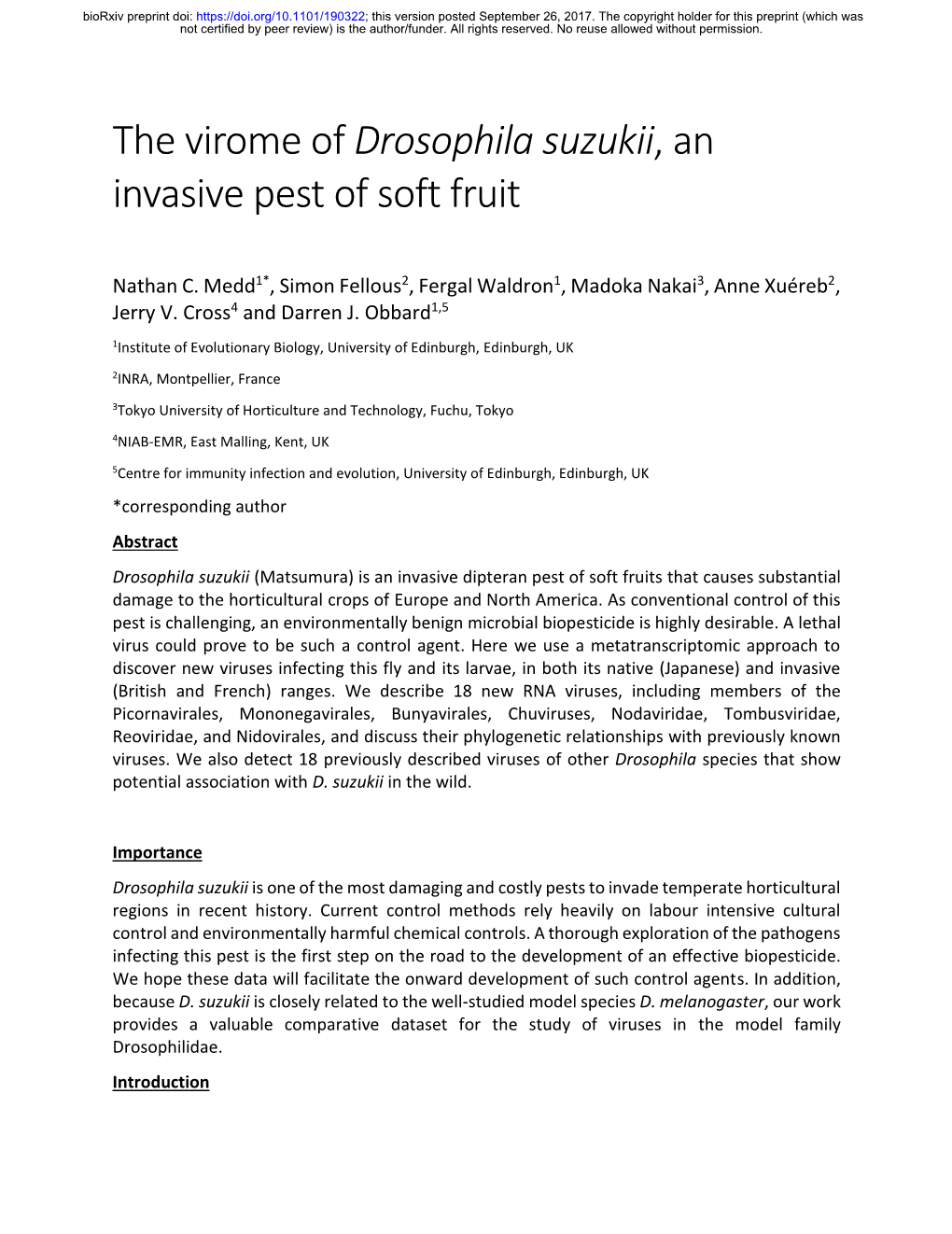 The Virome of Drosophila Suzukii, an Invasive Pest of Soft Fruit