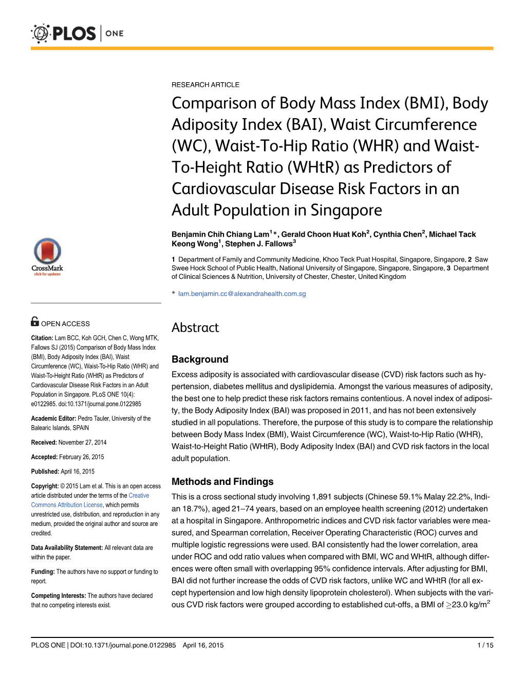 BMI), Body Adiposity Index (BAI), Waist Circumference (WC