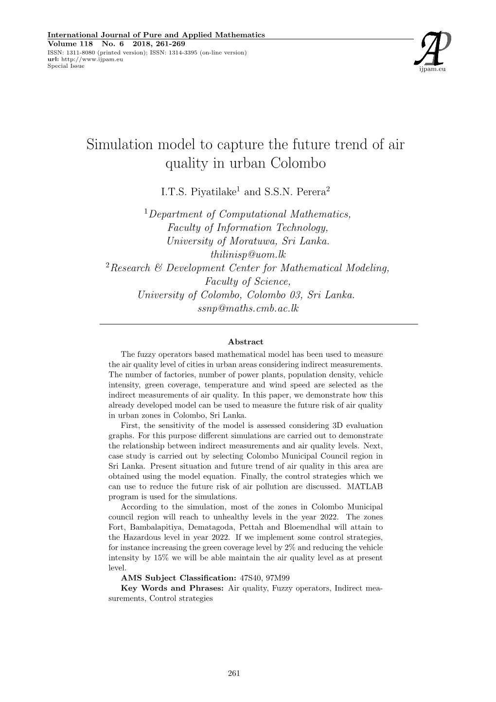 Simulation Model to Capture the Future Trend of Air Quality in Urban Colombo