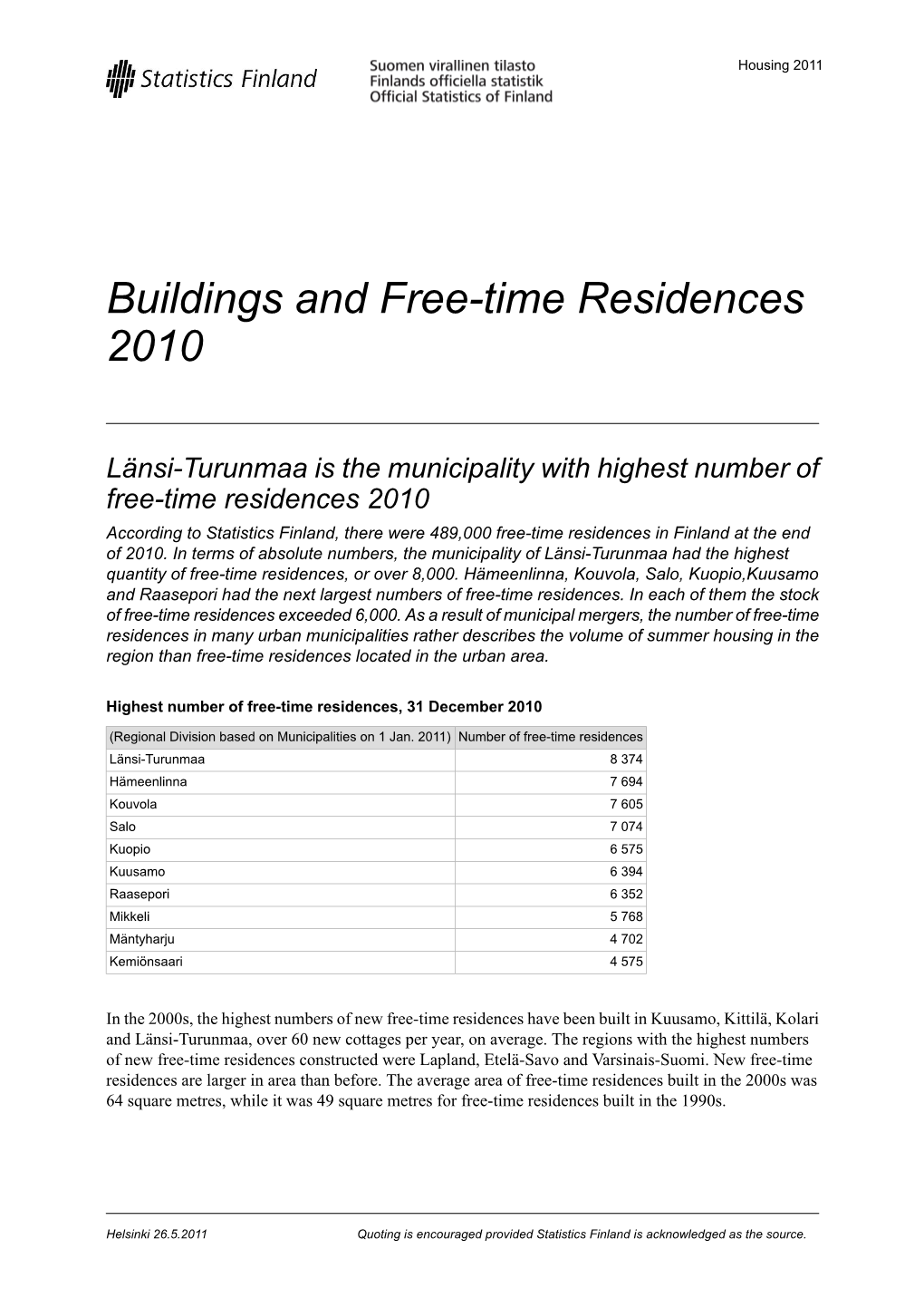 Buildings and Free-Time Residences 2010