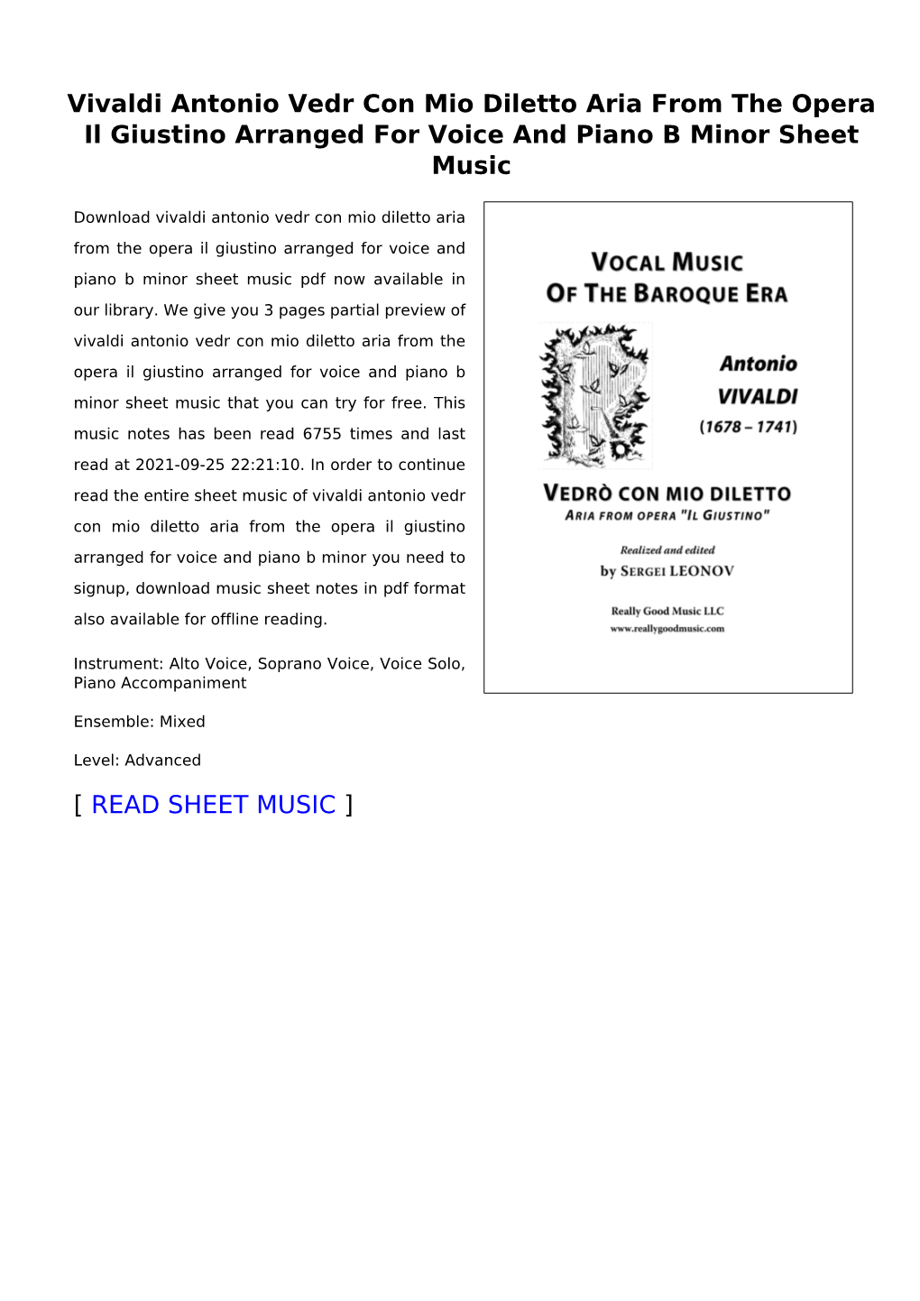 Vivaldi Antonio Vedr Con Mio Diletto Aria from the Opera Il Giustino Arranged for Voice and Piano B Minor Sheet Music