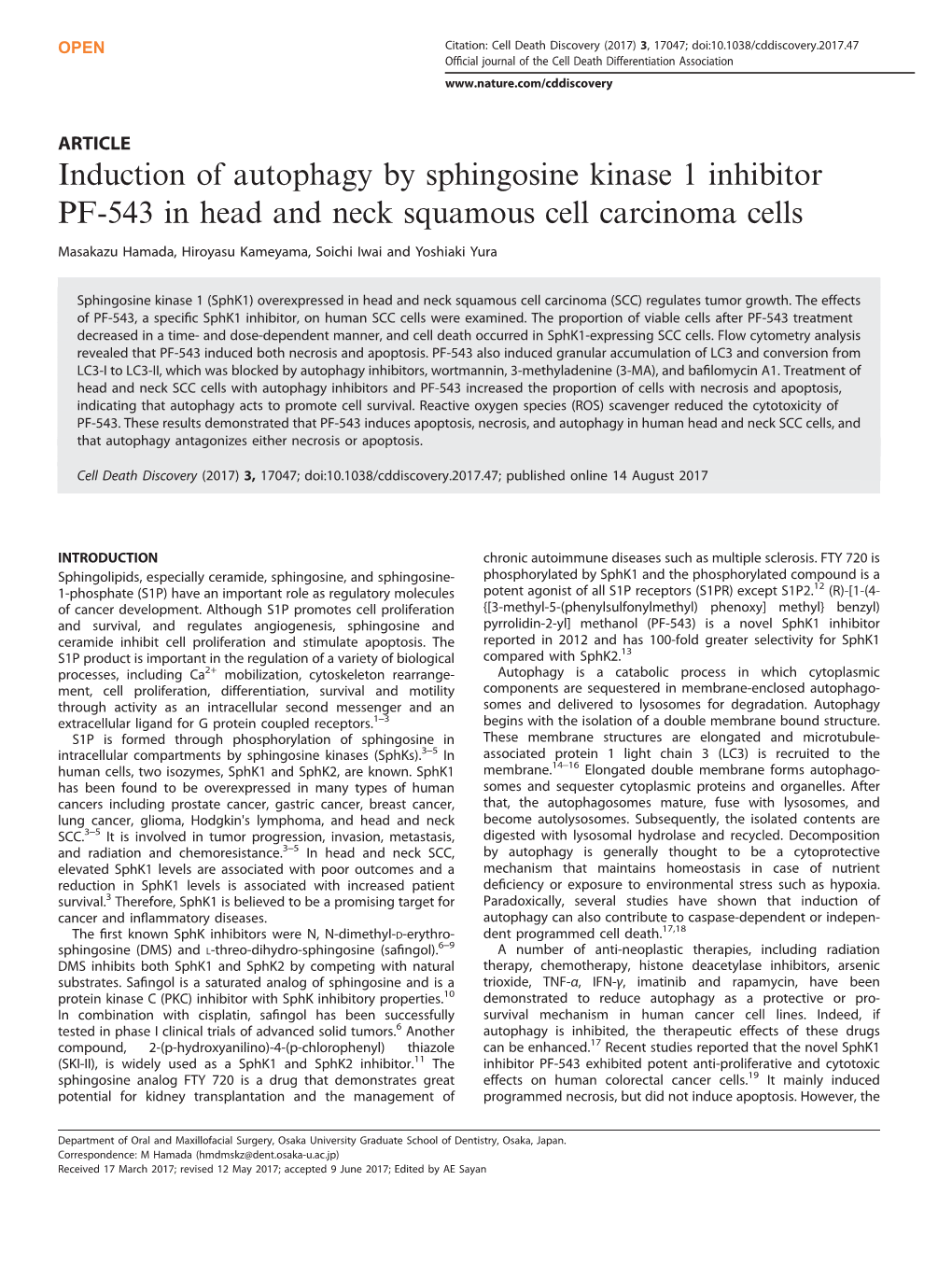 Induction of Autophagy by Sphingosine Kinase 1 Inhibitor PF-543 in Head and Neck Squamous Cell Carcinoma Cells