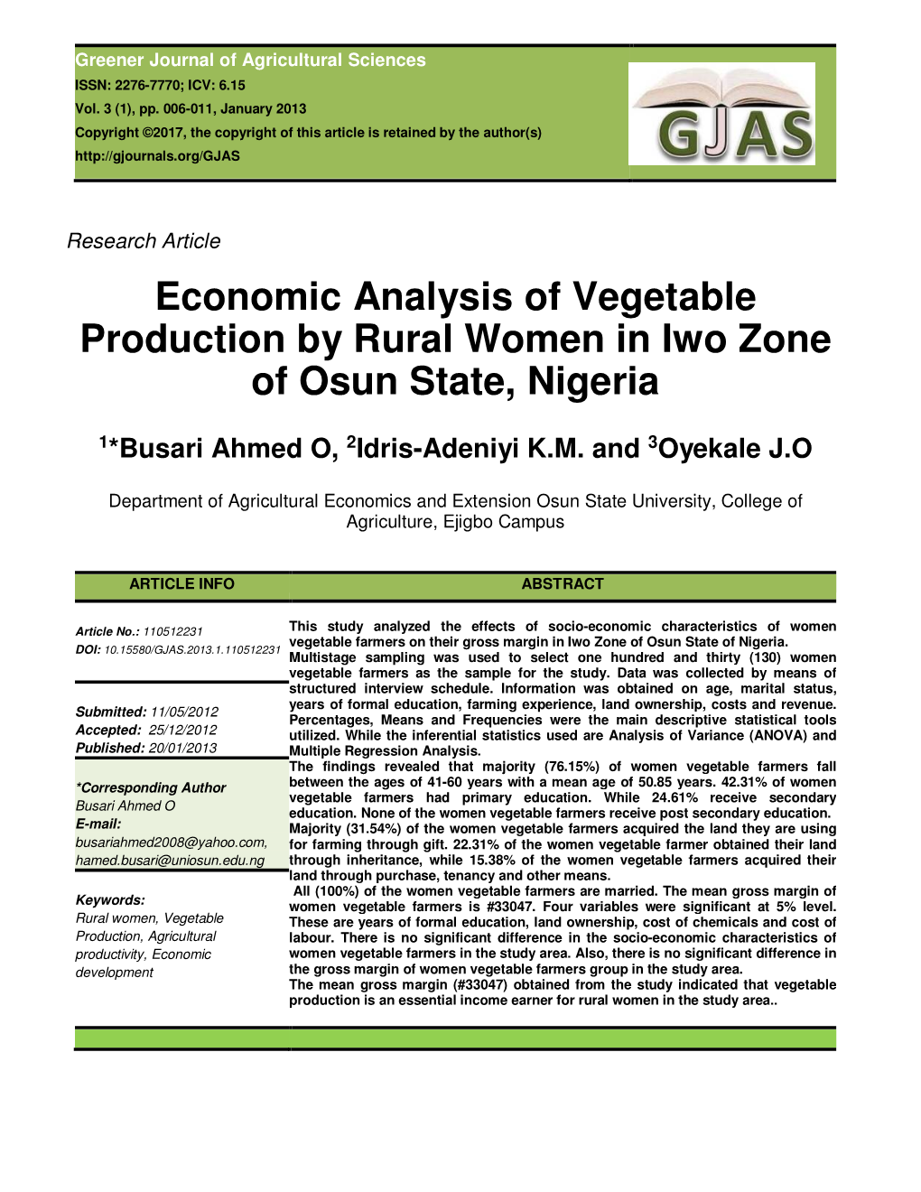 Greener Journal of Agricultural Sciences ISSN: 2276-7770; ICV: 6.15 Vol