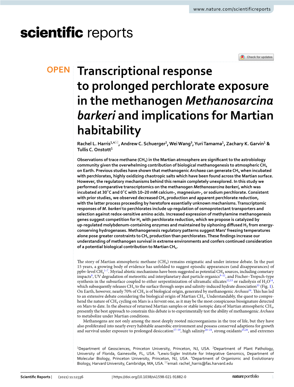 Transcriptional Response to Prolonged Perchlorate Exposure in the Methanogen Methanosarcina Barkeri and Implications for Martian Habitability Rachel L