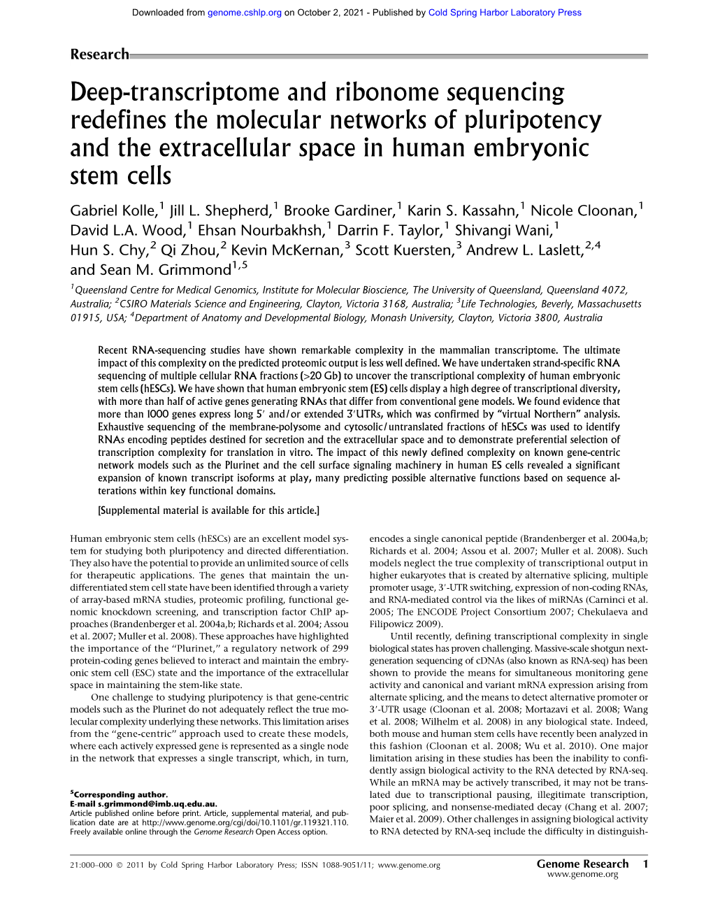 Deep-Transcriptome and Ribonome Sequencing Redefines the Molecular Networks of Pluripotency and the Extracellular Space in Human Embryonic Stem Cells