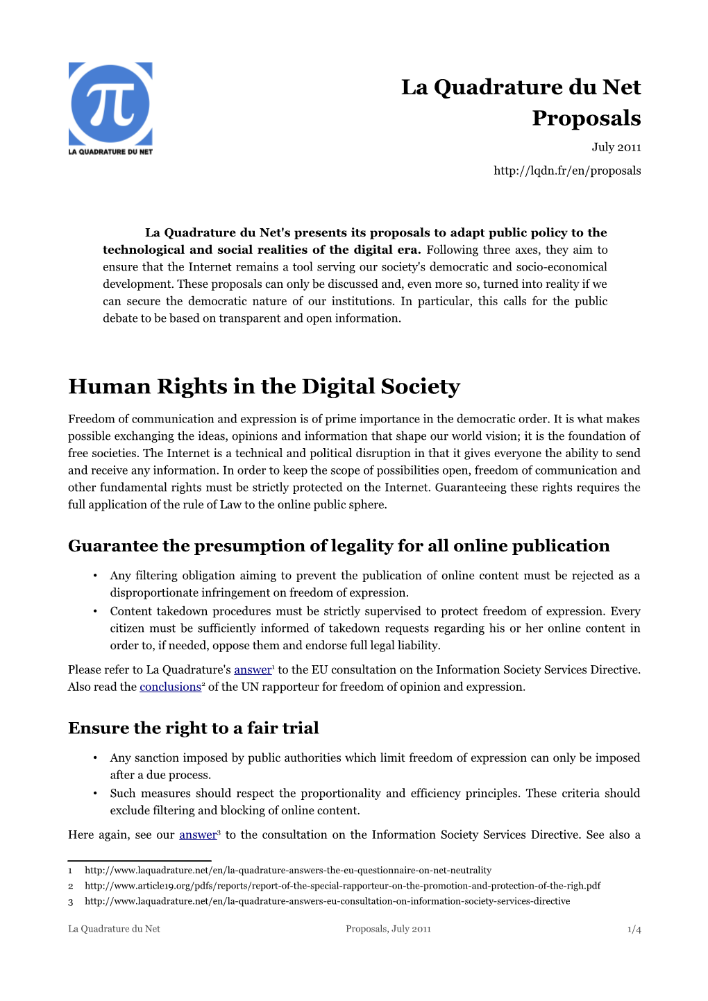 La Quadrature Du Net Proposals Human Rights in the Digital Society