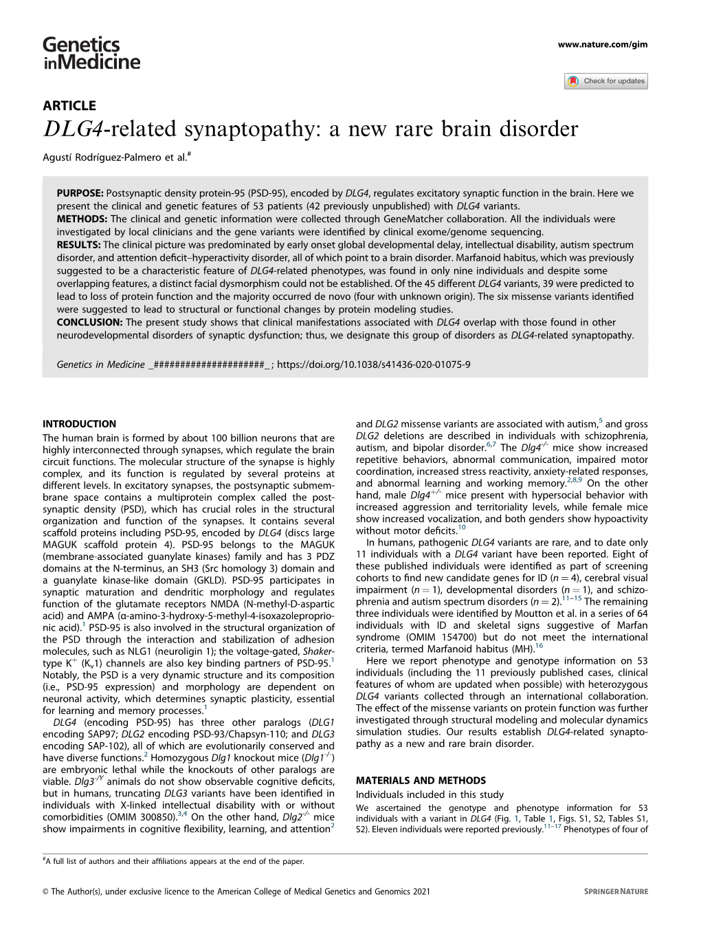DLG4-Related Synaptopathy: a New Rare Brain Disorder