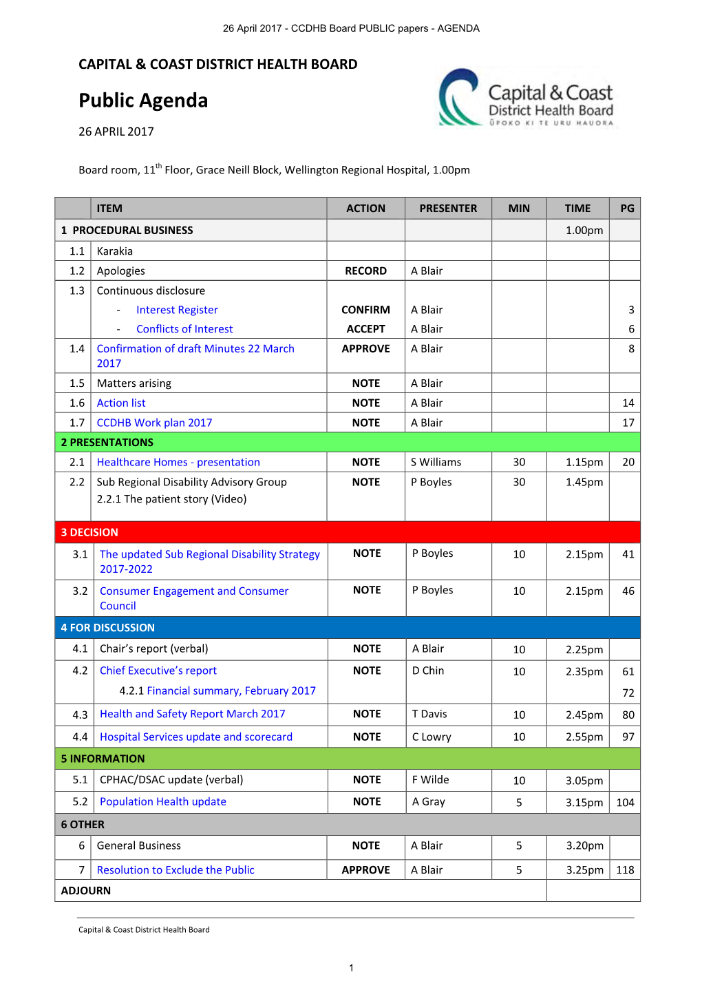 HEALTH BOARD Public Agenda 26 APRIL 2017