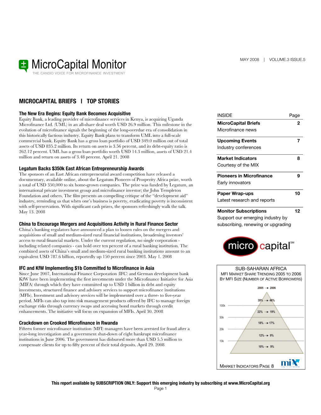 Microcapital Monitor MAY 2008 | VOLUME.3 ISSUE.5 the CANDID VOICE for MICROFINANCE INVESTMENT