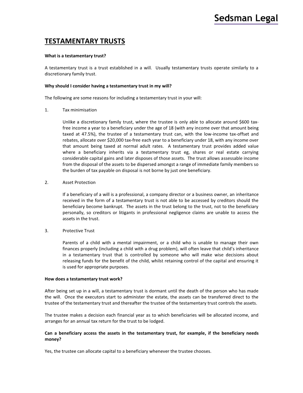 Testamentary Trusts Information Sheet