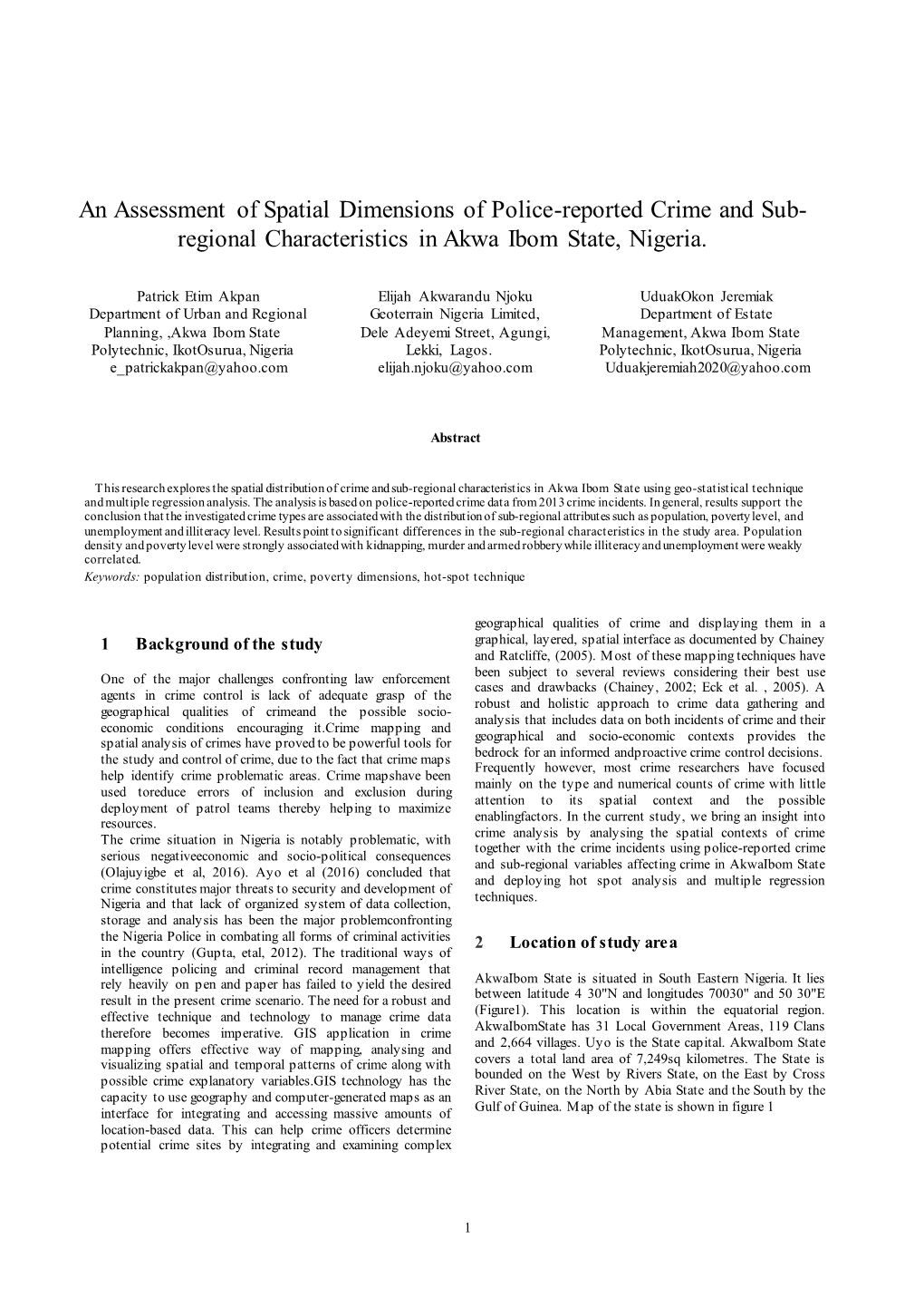 Regional Characteristics in Akwa Ibom State, Nigeria