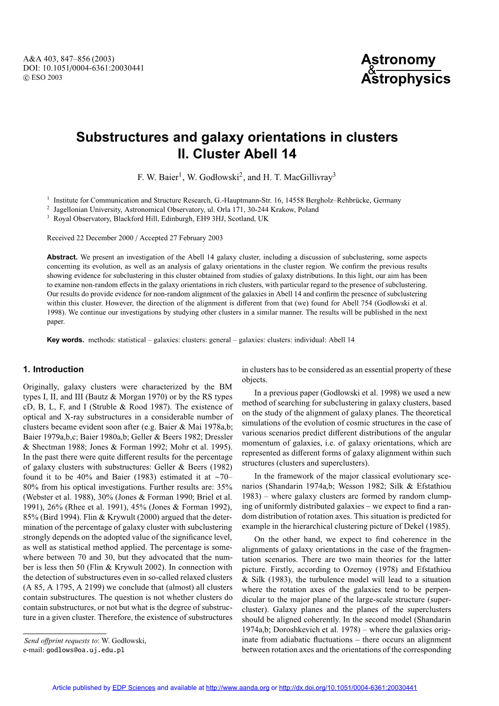 Substructures and Galaxy Orientations in Clusters II. Cluster Abell 14